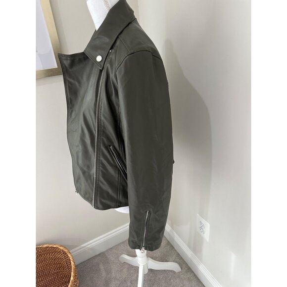French Connection Womens Olive Green Faux Leather Moto Biker Jacket Size S - Picture 10 of 16